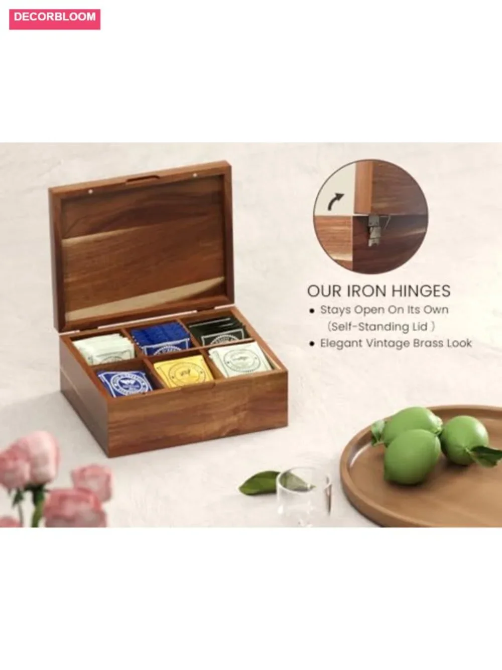 Acacia Wood Tea Bag Organizer with Lid, 6 Compartments, Tea Storage Chest